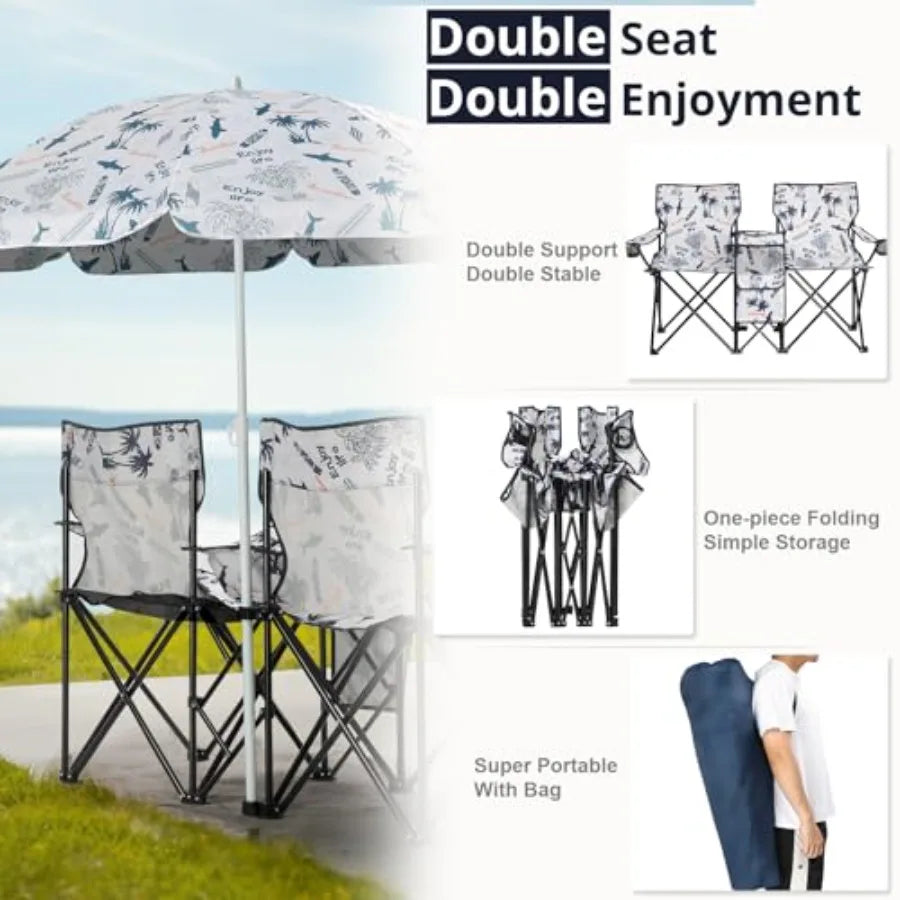 Double Camping Chairs with Umbrella, Portable 2 Seat Folding Camp Chair with Cooler Bag