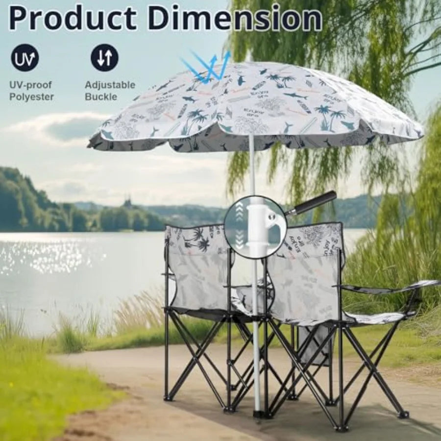 Double Camping Chairs with Umbrella, Portable 2 Seat Folding Camp Chair with Cooler Bag, Beverage Holder, Carrying Bag, Foldable Lawn Chair for Outside, Fishing, Picnic, Beach