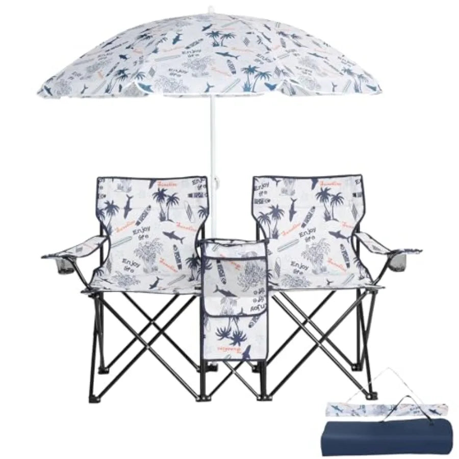 Double Camping Chairs with Umbrella, Portable 2 Seat Folding Camp Chair with Cooler Bag, Beverage Holder, Carrying Bag, Foldable Lawn Chair for Outside, Fishing, Picnic, Beach