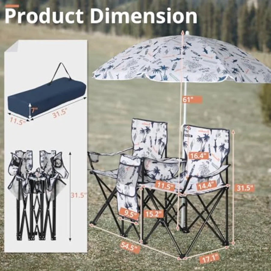 Double Camping Chairs with Umbrella, Portable 2 Seat Folding Camp Chair with Cooler Bag, Beverage Holder, Carrying Bag, Foldable Lawn Chair for Outside, Fishing, Picnic, Beach